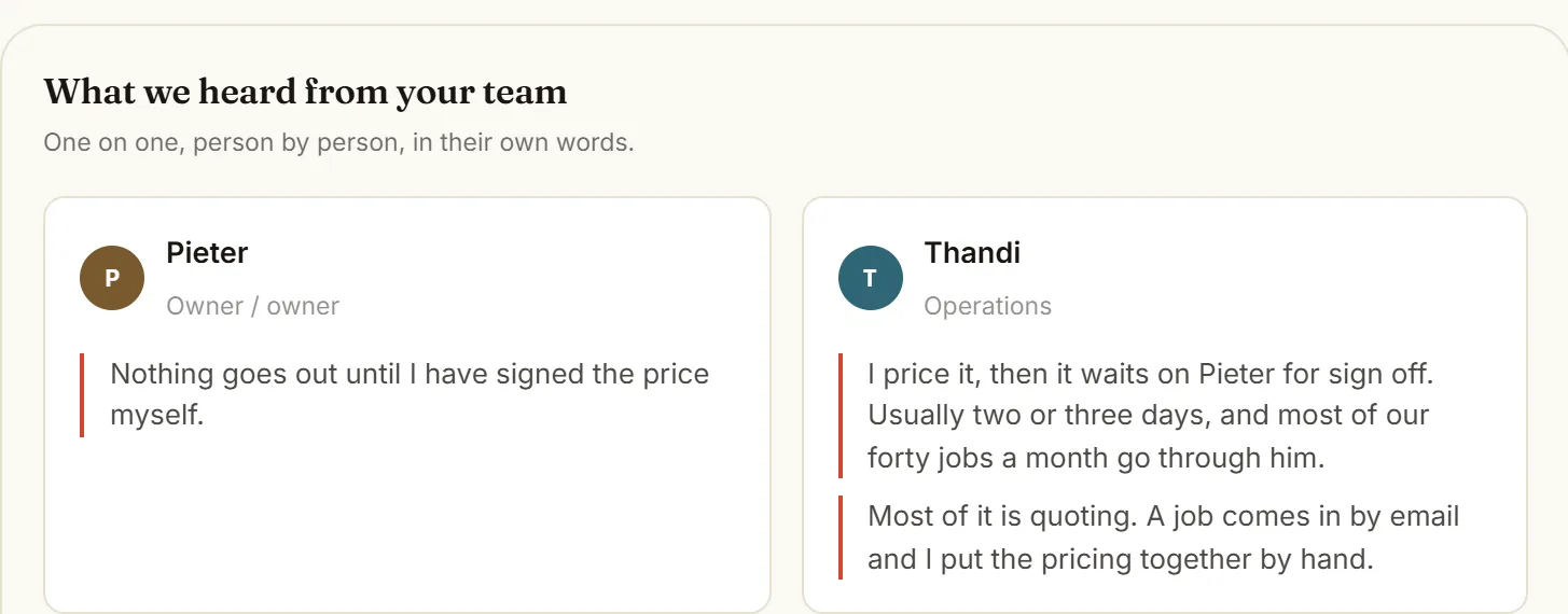 Evidence screen from the sample diagnosis: verbatim quotes from Pieter and Thandi about quotes waiting on the owner