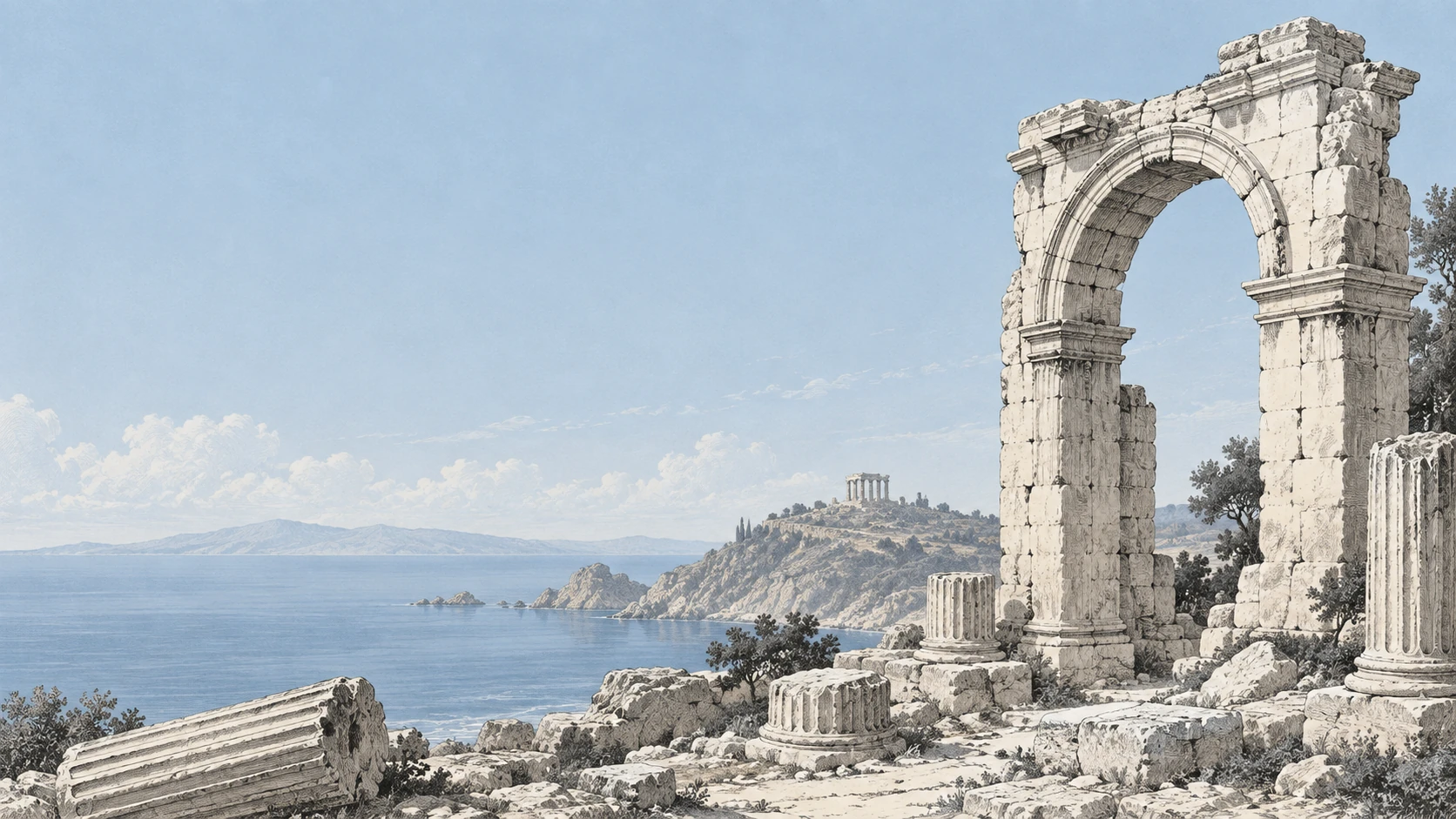 A classical stone arch overlooking a quiet blue sea and a distant temple