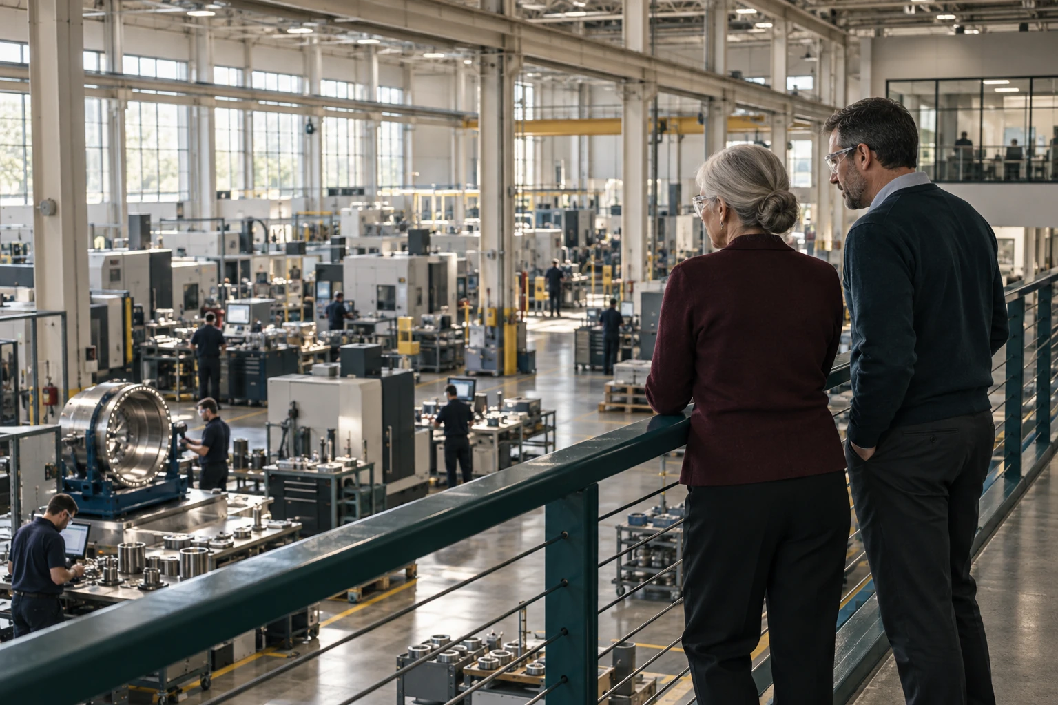 Two professionals looking across the connected workstations of a manufacturing operation.